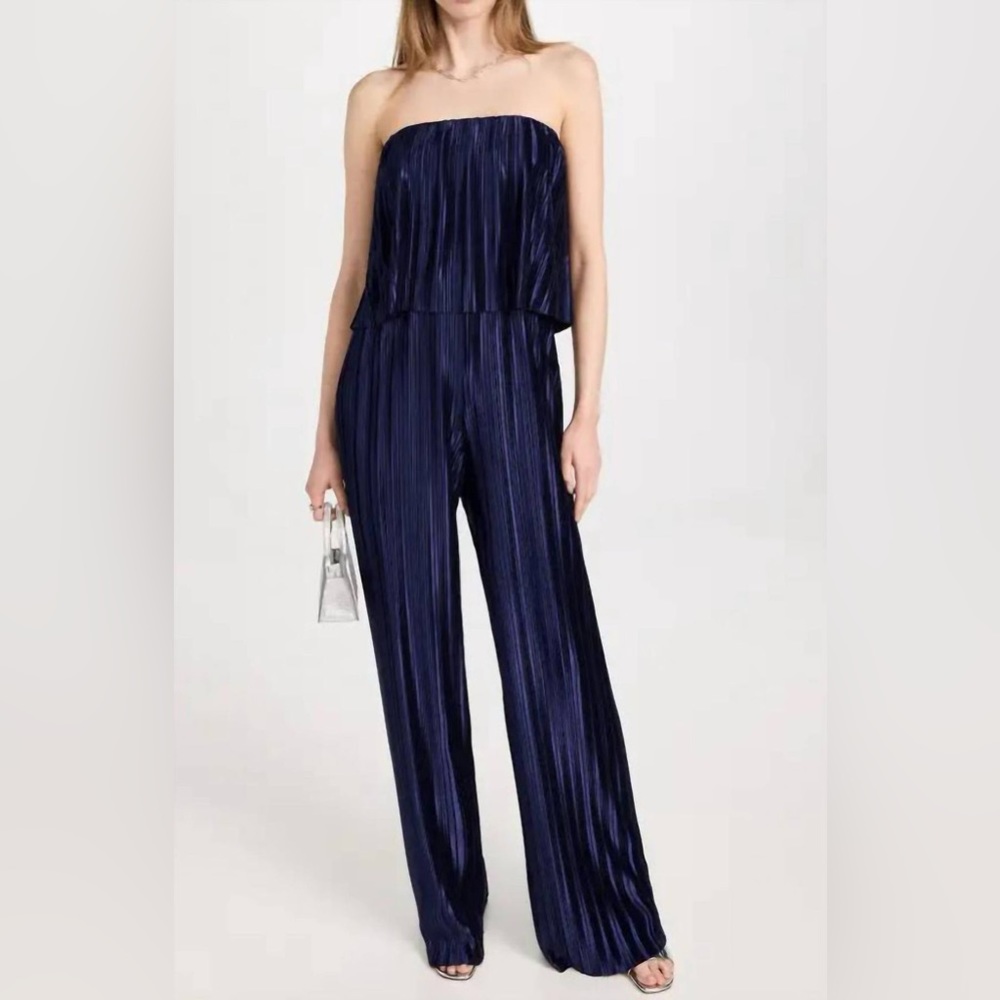 Strapless Navy Blue Pleated Jumpsuit from Amanda Uprichard purchased on Revolve